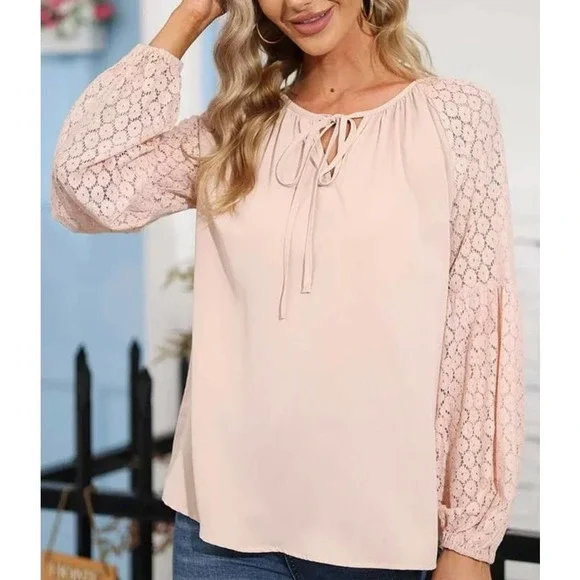 WOMEN'S SEXY ROUND TIE NECK LACE SLEEVES LOOSE BLOUSE COLOR PINK NWOT Size L - Picture 2 of 8